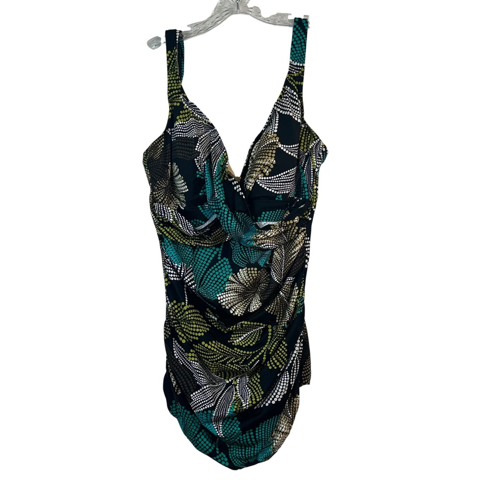 Upstream Womens Plus 18W One Piece Swimsuit Dotted Floral Teal Green‎